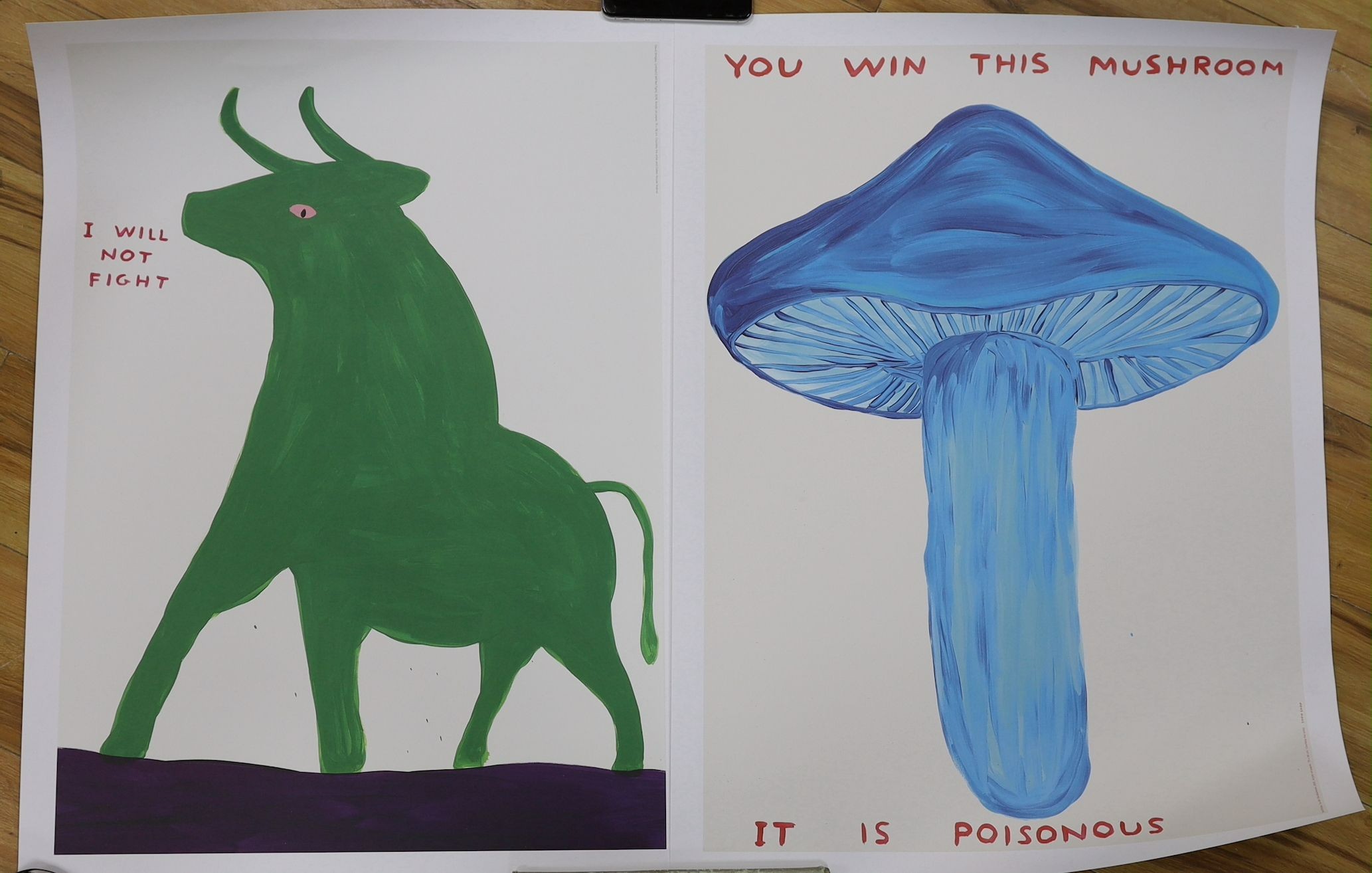 David Shrigley (1968-), two colour prints, 'Untitled (I Will Not Fight)' and 'You Win This Mushroom', 81 x 60cm, unframed